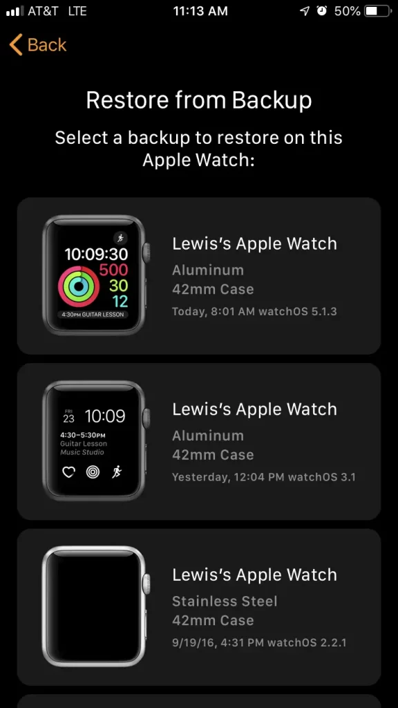 The backups of Apple Watch on Watch App