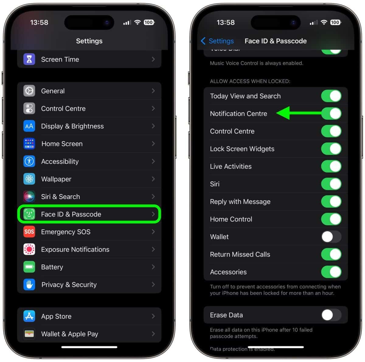 open notification center in face ID