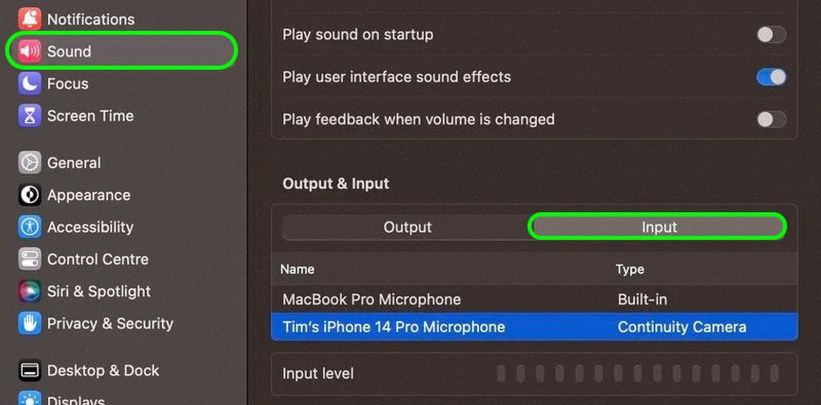 Go to Sound and select Input